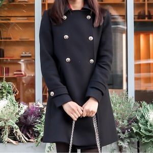 Zara Black Double Breasted Wool Coat With Gold Buttons